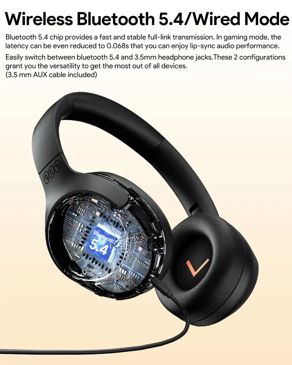 QCY H3 ANC wireless over-ear headphones in black with exposed circuit graphic on the earcups