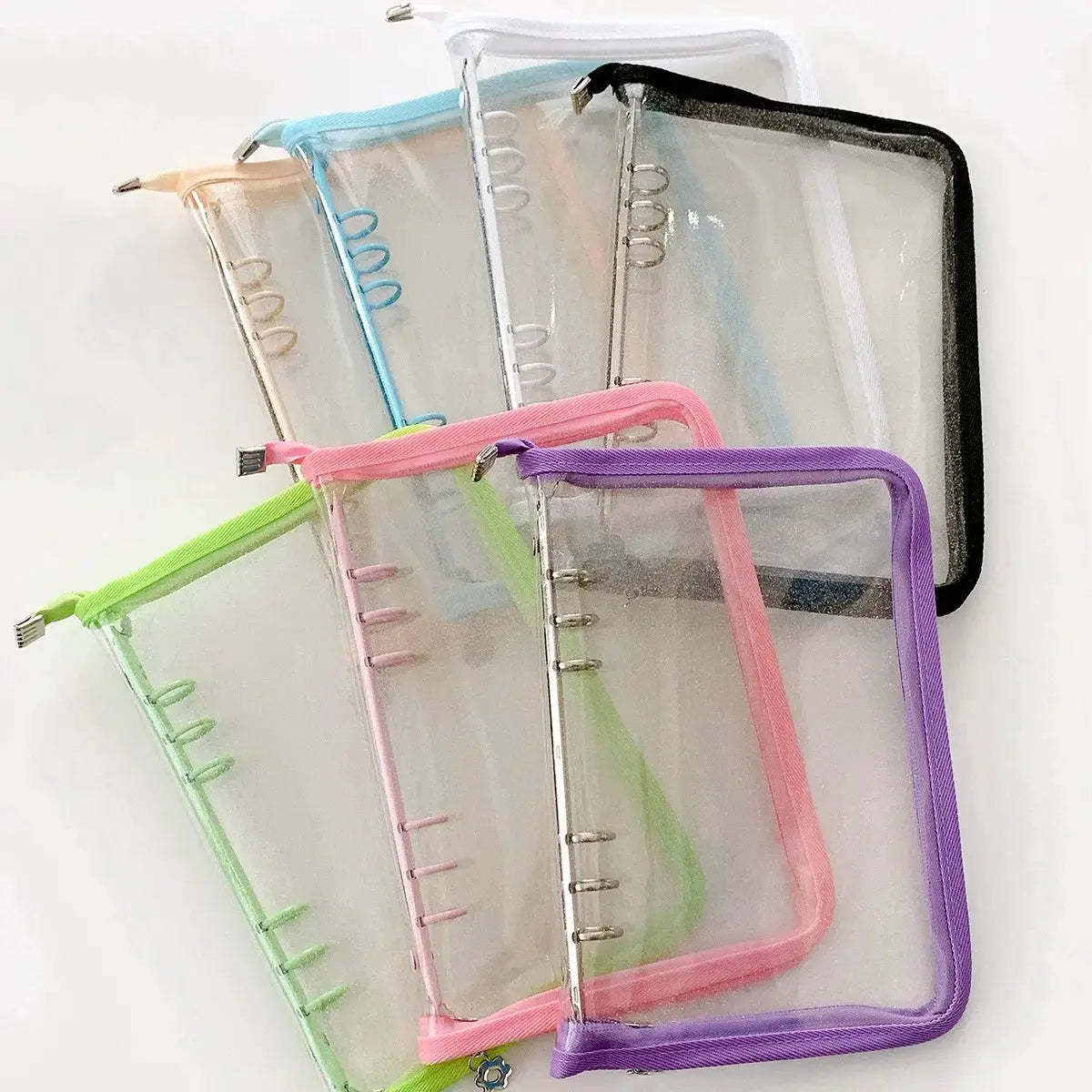 A5 transparent Macaron binder set by Simples Market with colorful zippers and metal rings (green, pink, purple, blue, beige, black)