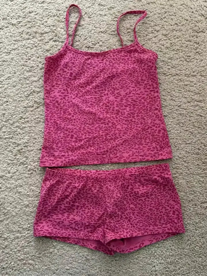 Strawberry Print Vest And Shorts Set For Women Eyelet Bow Tank Top