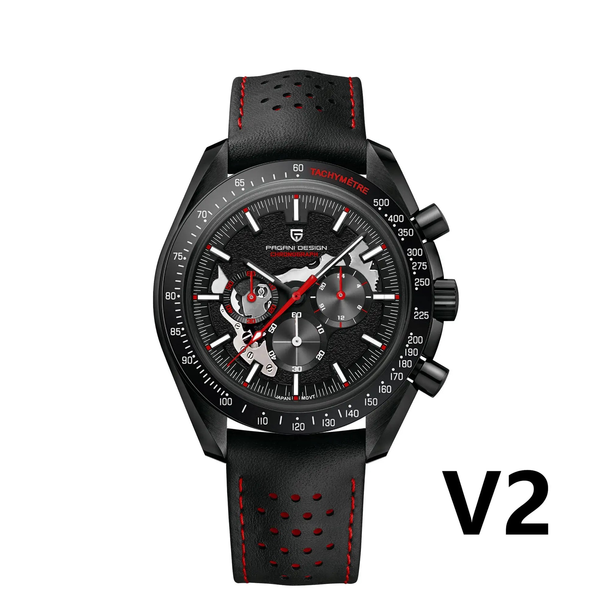 PAGANI DESIGN New Moon Dark men's skeleton chronograph watch with black perforated leather strap and red stitching