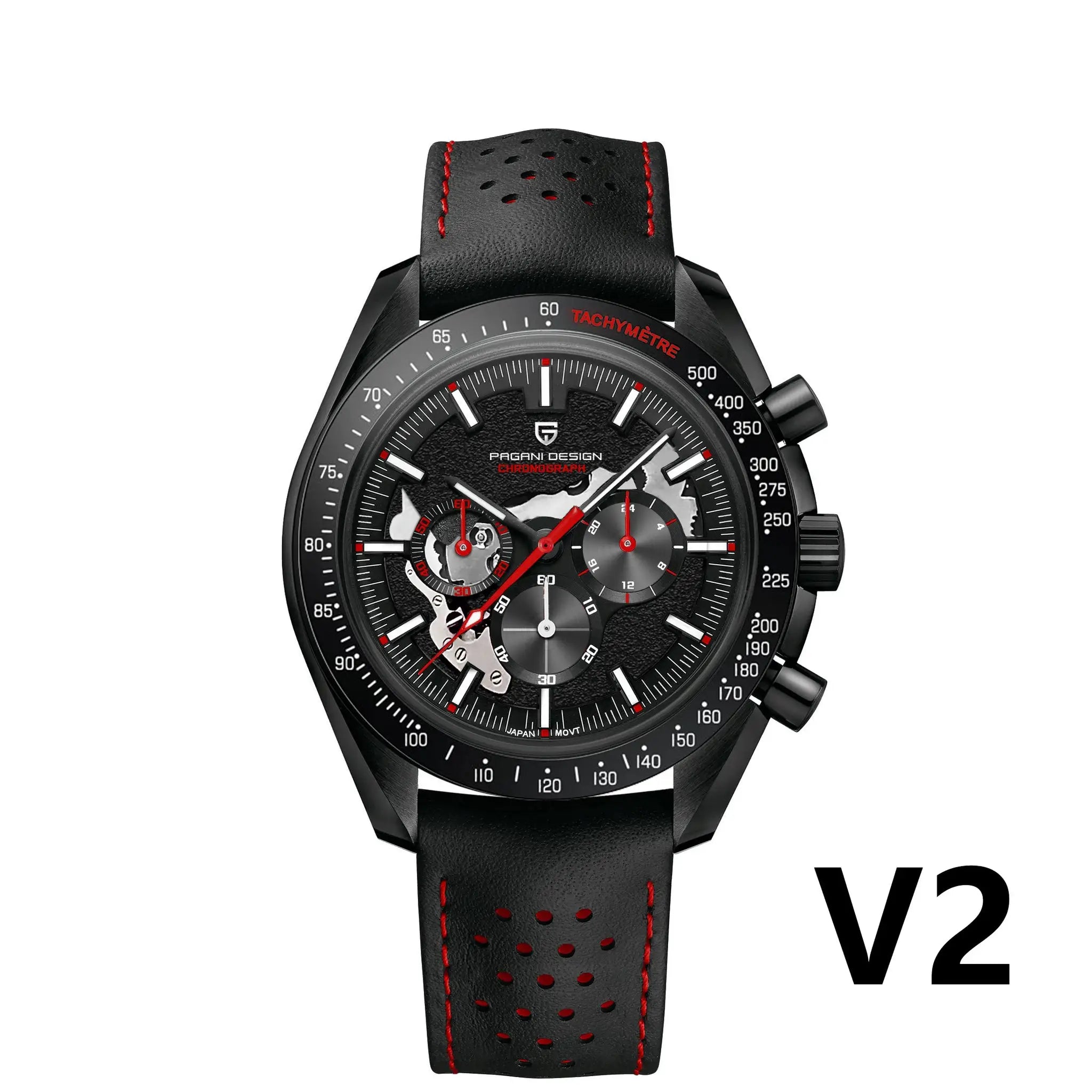 PAGANI DESIGN New Moon Dark men's skeleton chronograph watch with black perforated leather strap and red stitching