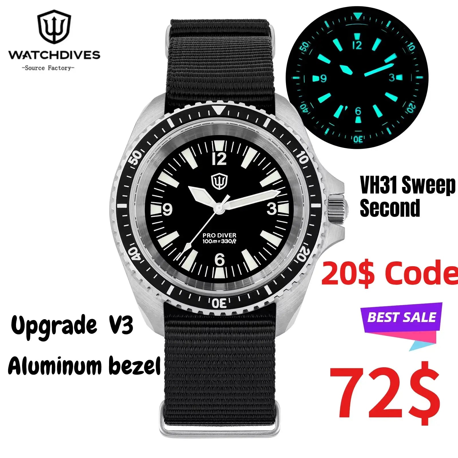 Watchdives VH31 Dive Watch with black dial, luminous markers, steel bezel and black nylon strap