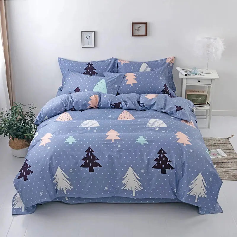 Simples Market 3pc cotton duvet cover set in blue with multicolor tree prints, includes duvet cover and 2 pillowcases