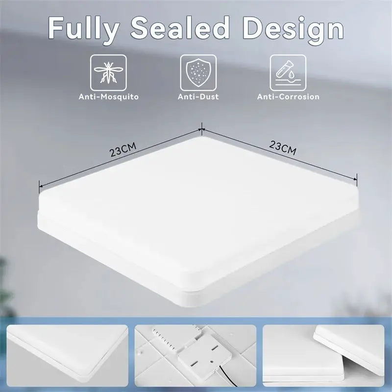 Modern LED square ceiling light panel, white finish, 23 cm sides, fully sealed design
