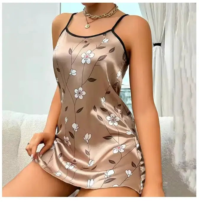 LuxeLoom Floral Satin Sleeveless Backless Nightgown For Summer Breathable Comfort Everyday Sleepwear