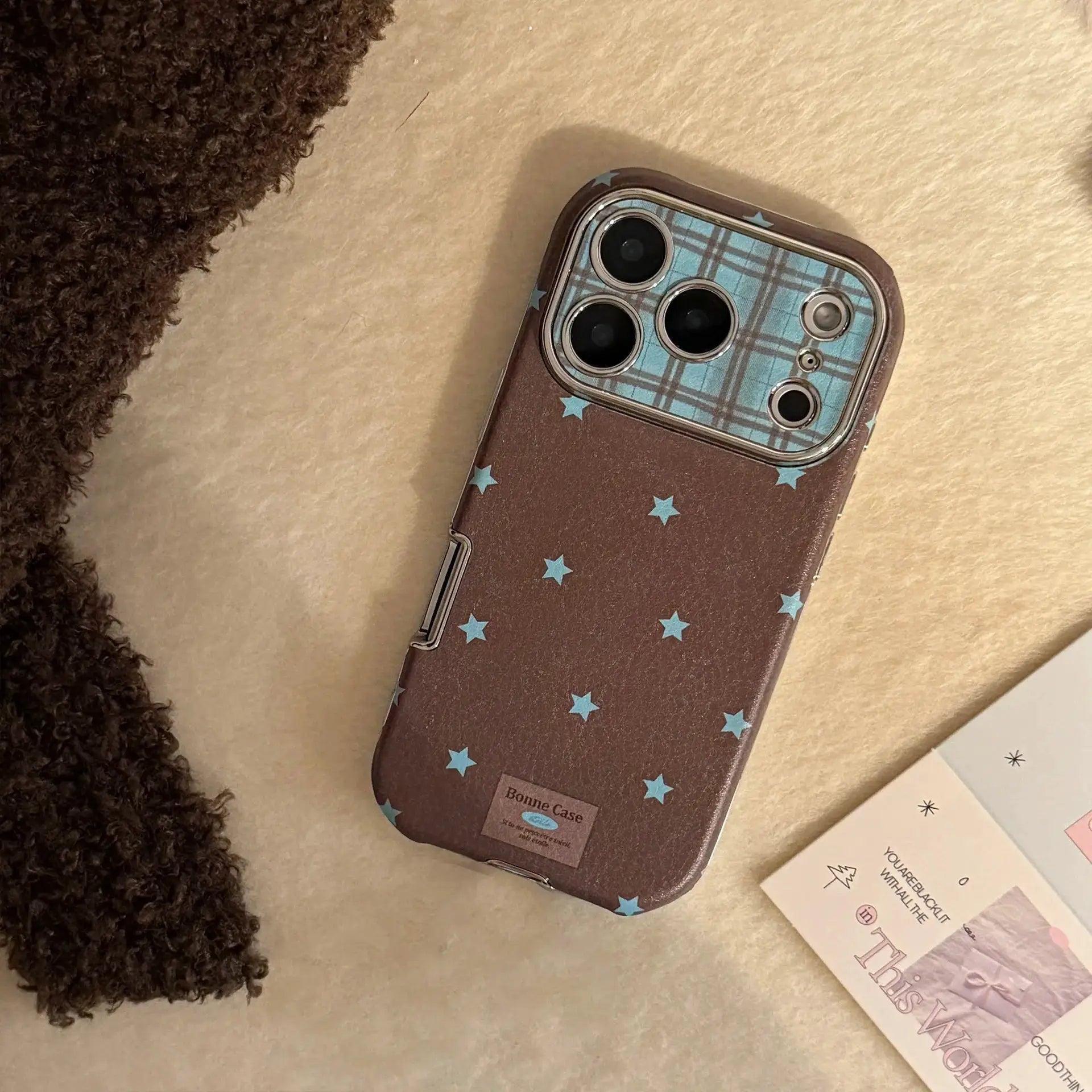 Simples Market Korean retro stars brown leather iPhone case with blue stars and plaid interior, shockproof