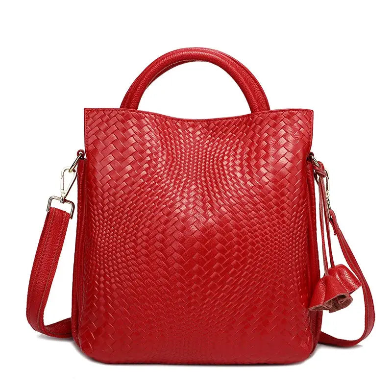 Simples Market red cowhide woven handbag with top handle and detachable crossbody strap