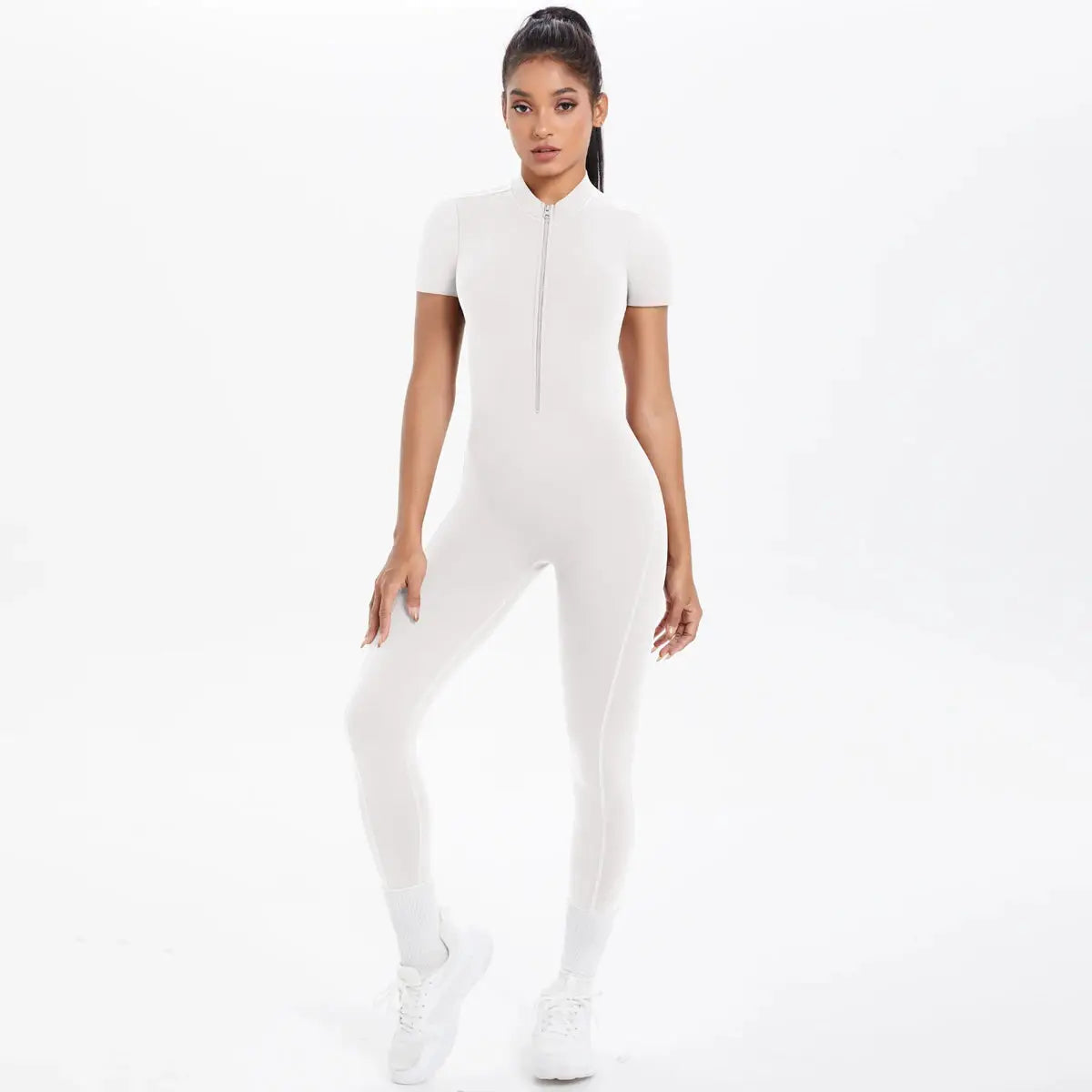 White short-sleeve one-piece jumpsuit with front half-zip for women