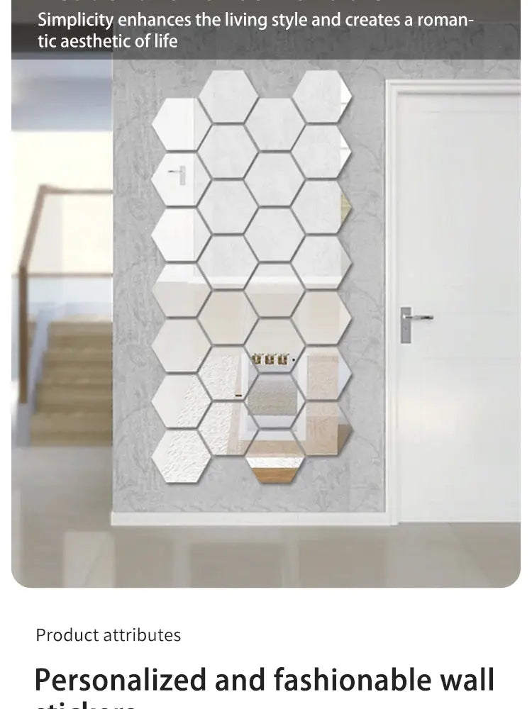 Hexagonal acrylic mirror wall stickers by Simples Market, 12 pcs with clear reflective panels.