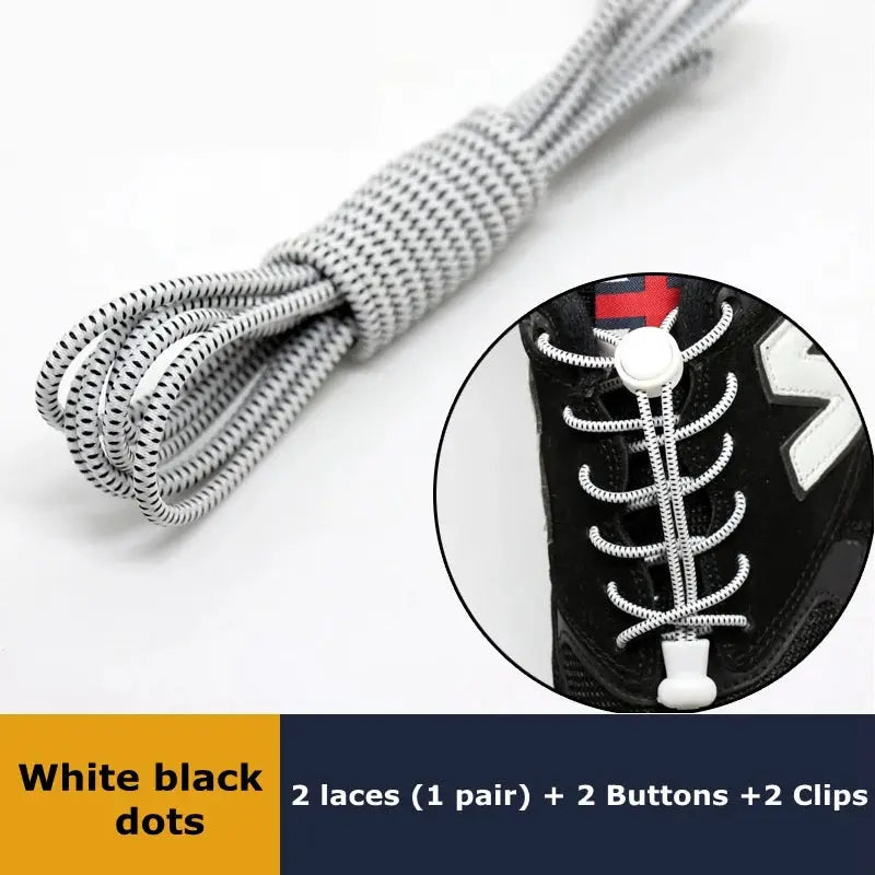 Elastic no-tie round shoelaces, 1 pair, white with black dots for sneakers