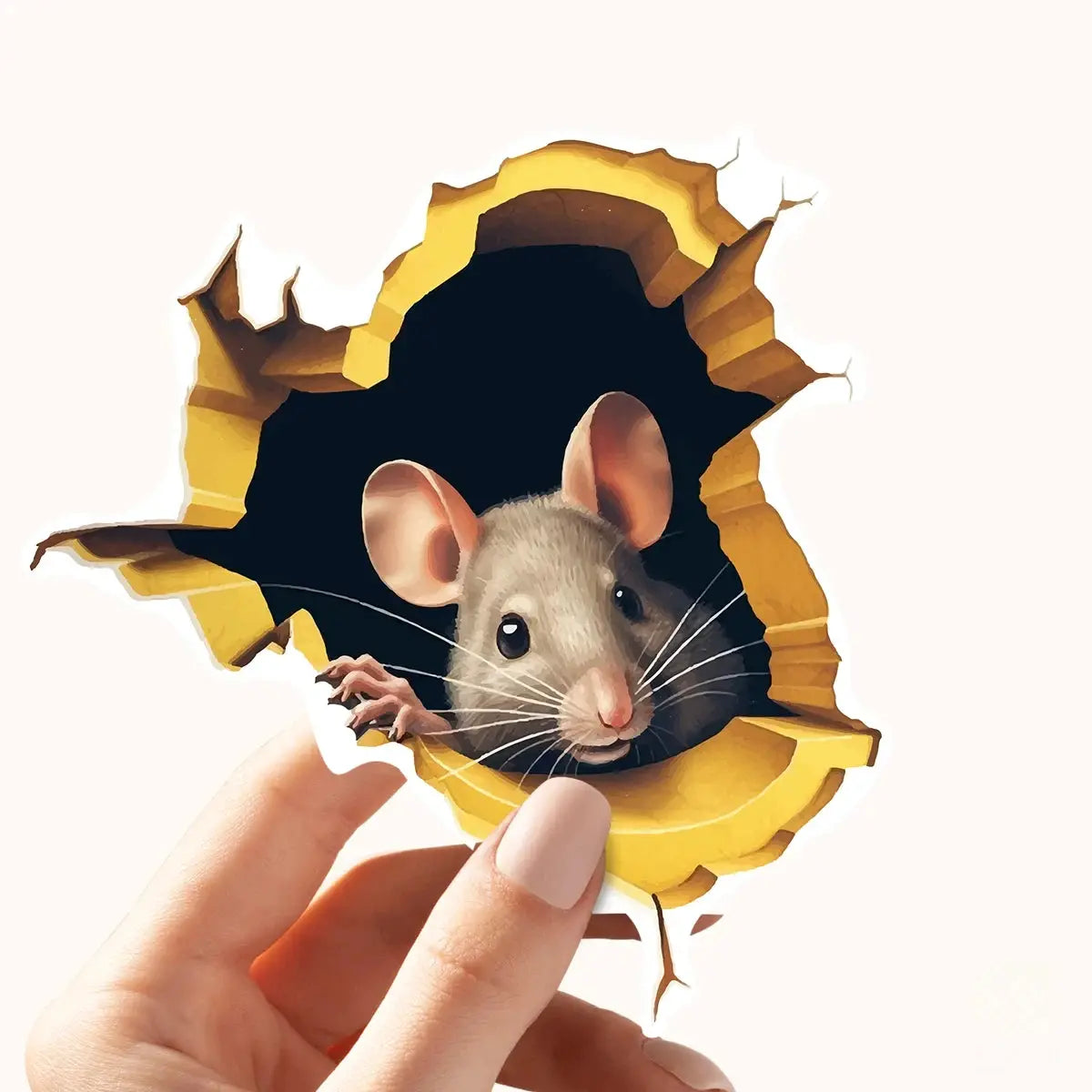 3D Effect Personalized Mouse Hole Sticker With Reading White Mouse Peeking From Flower Branch For Home Decor