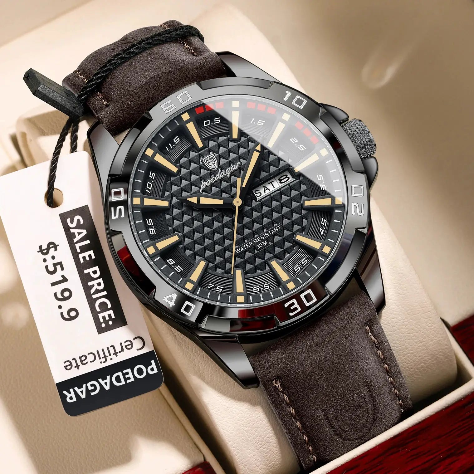 POEDAGAR men's wristwatch black case, textured dial, gold-tone markers, brown leather strap, date window, 30m water resistant