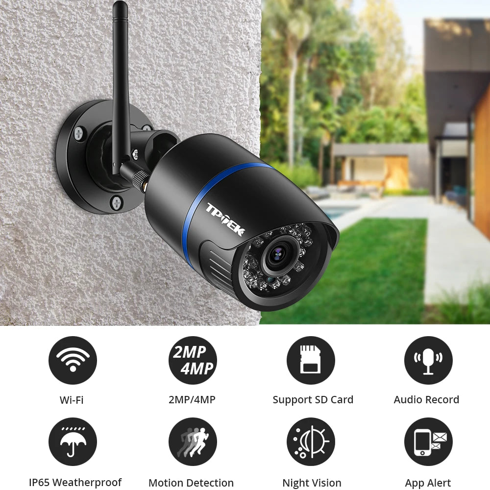TP-TEK outdoor bullet IP camera, 4MP/1080P WiFi security cam, black wall-mounted