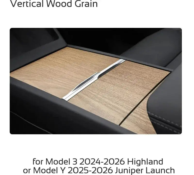 Center console two-panel wood-grain protector for Tesla Model 3/Y Juniper finish with silver divider trim