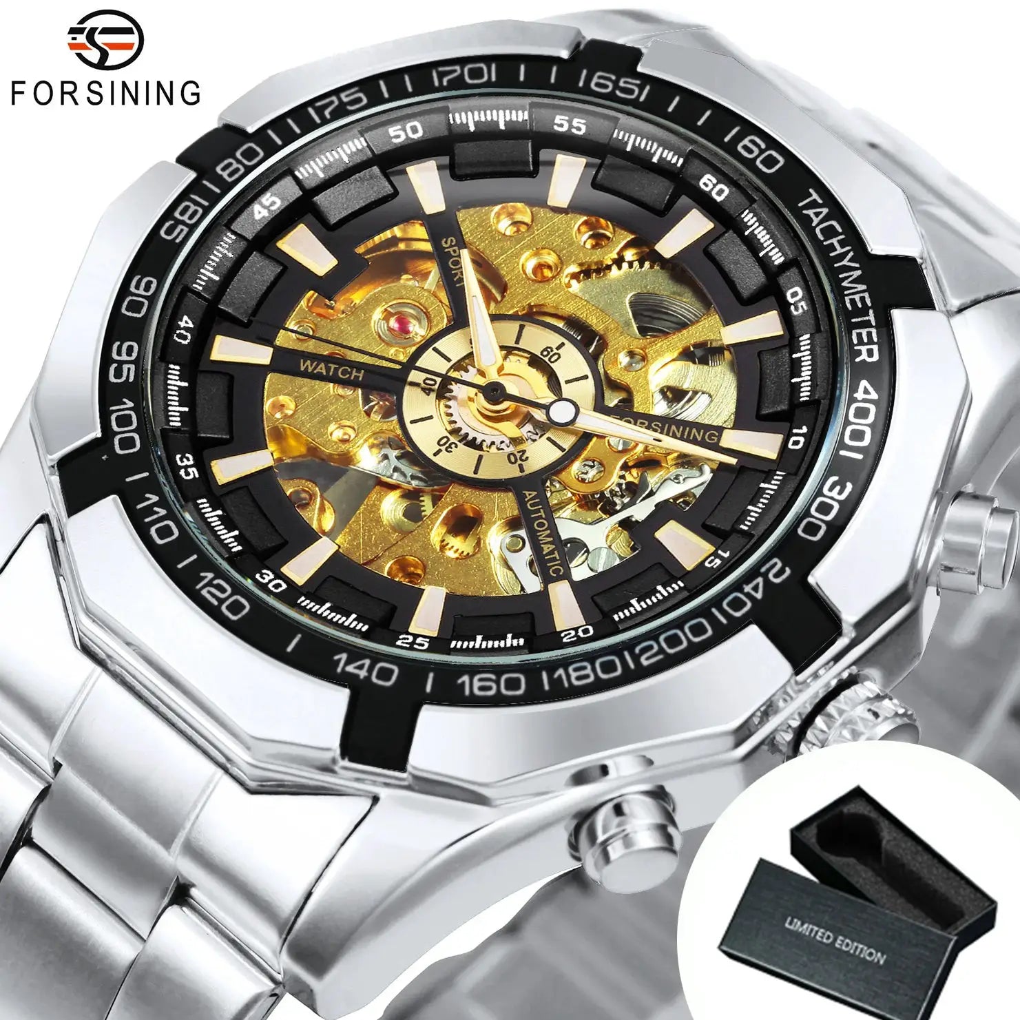 Forsining WINNER Classic Skeleton Watch for Men with stainless steel band and gold-tone skeleton movement, tachymeter bezel