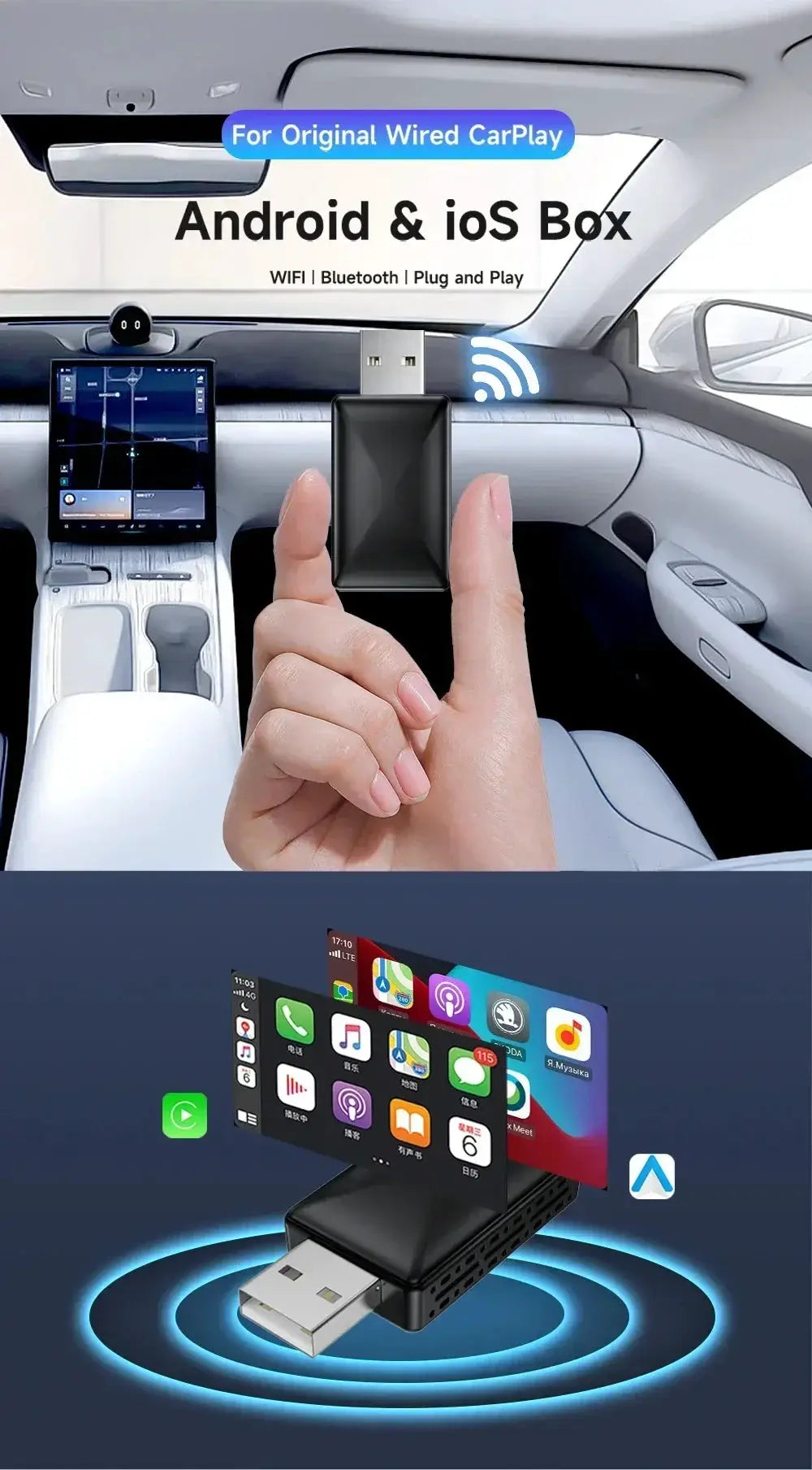 Original FLIXIVI CarPlay Android Auto 2in1 USB adapter by Simples Market, black wireless/wired car dongle