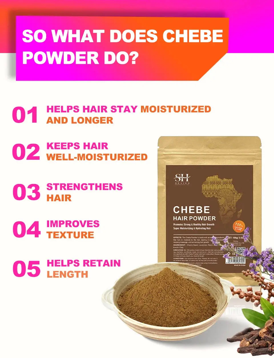 100% Natural Chebe Powder Natural Ingredients Promotes Hair Strengthens & Thickens Anti Hair Loss Hair Regrowth Treatment