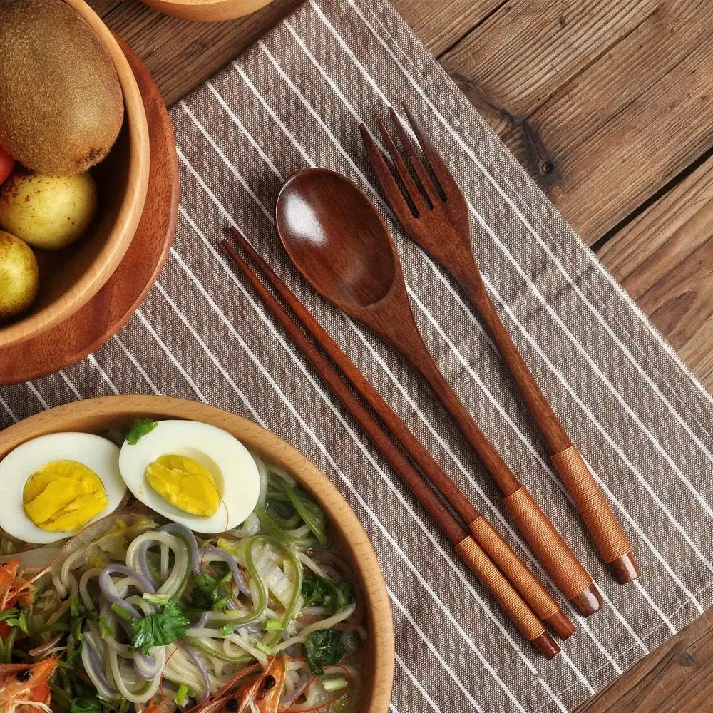 Natural Wood Tableware Three Piece Set Spoon Fork And Chopsticks Portable Travel Cutlery Eco Friendly Japan Style Design