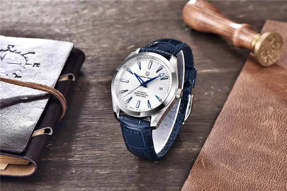 Pagani Design A150 40mm men's automatic watch with sapphire glass, blue leather strap and white dial.