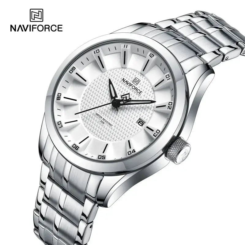 NAVIFORCE men's stainless steel watch with silver-tone bracelet, date window, water resistant 30m, casual design