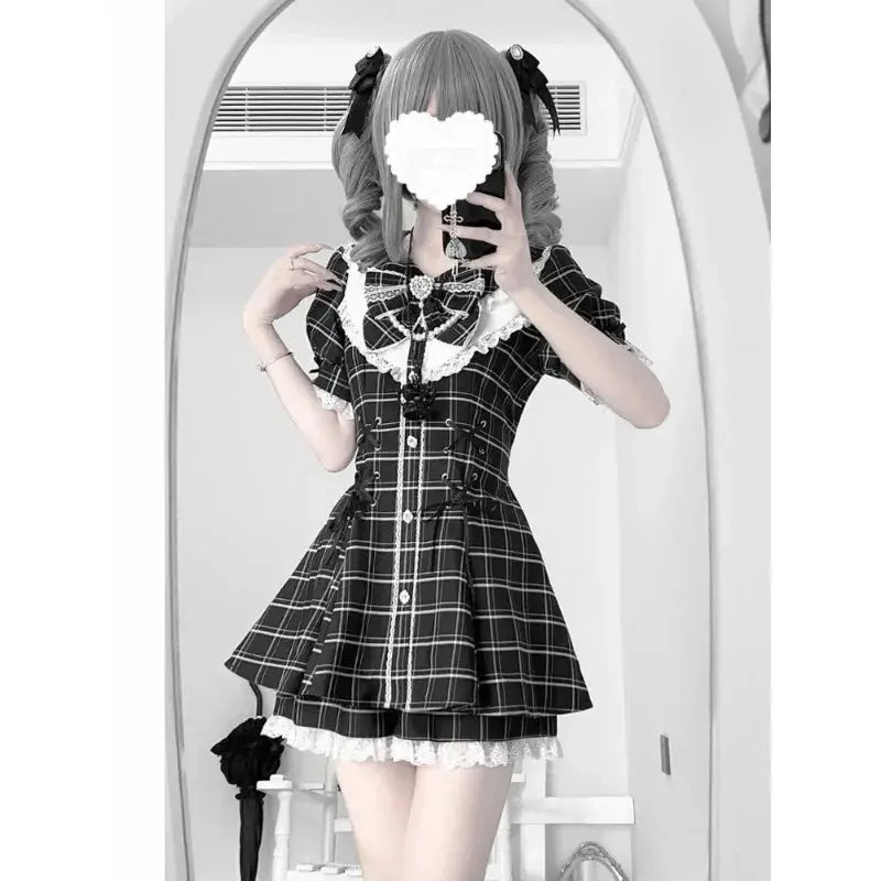 Y2K Lolita Bow Dress Shorts Set Gothic Lace Flare Sleeve Shirt Dress