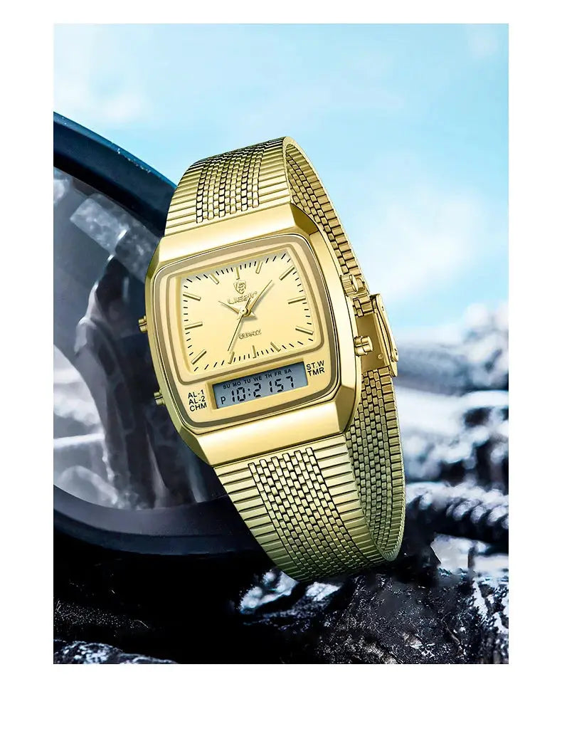 Gold Simples Market L1030 men's digital-analog wristwatch with gold mesh band, 3bar water resistance