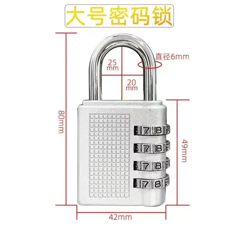4-digit padlock with zinc alloy body and four-number dials; silver metal luggage lock