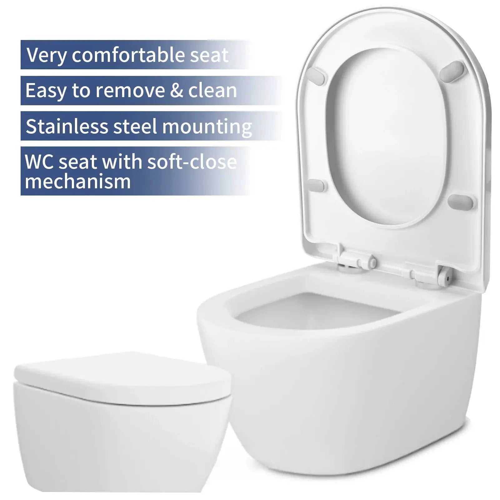 White toilet seat with slow-close hinges; easy-remove for cleaning, stainless steel mounting