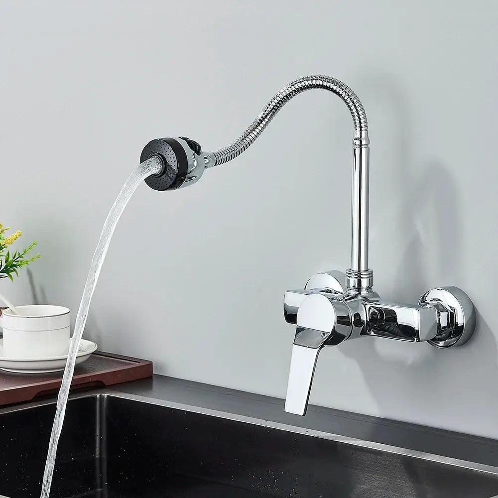 Chrome wall-mounted dual-hole kitchen faucet with flexible spring hose and 360° rotation, Simples Market.