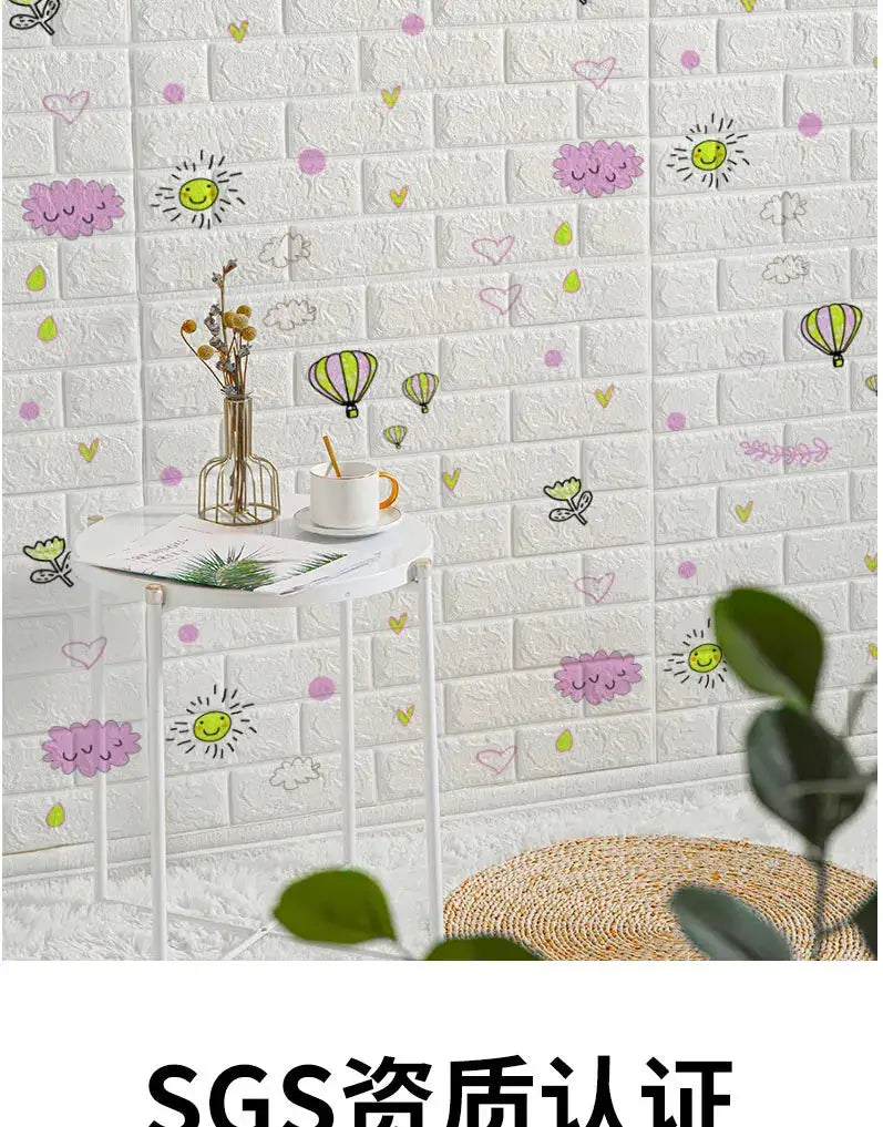 3D foam brick wall panels white self-adhesive waterproof wallpaper with cartoon decals for living room