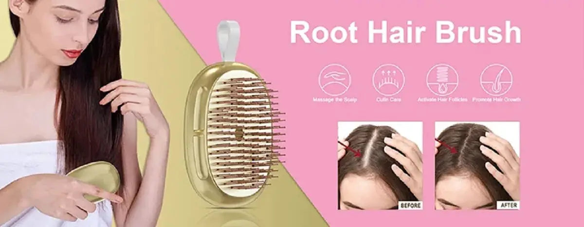 Root Hair Brush in pink and gold held by a model, with before/after scalp diagrams.