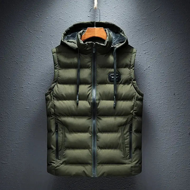 Men's olive green hooded puffer vest with full zipper, zip pockets, and drawstrings