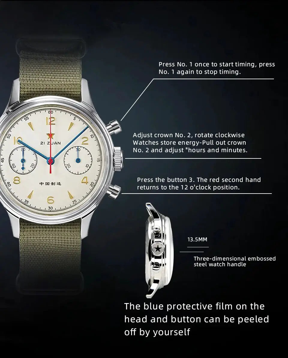 Red Star 38mm men's chronograph watch with olive-green fabric strap.