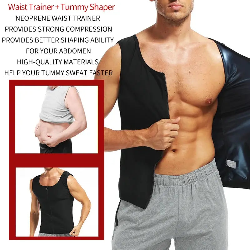 Men neoprene waist trainer body shaper by Simples Market, black sauna vest; two inset views
