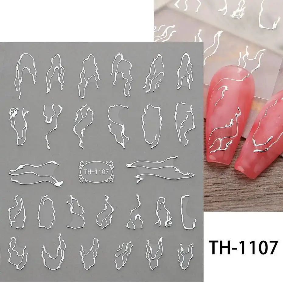 Nail art decals sheet featuring white abstract geometric lines for mani, TH-1107
