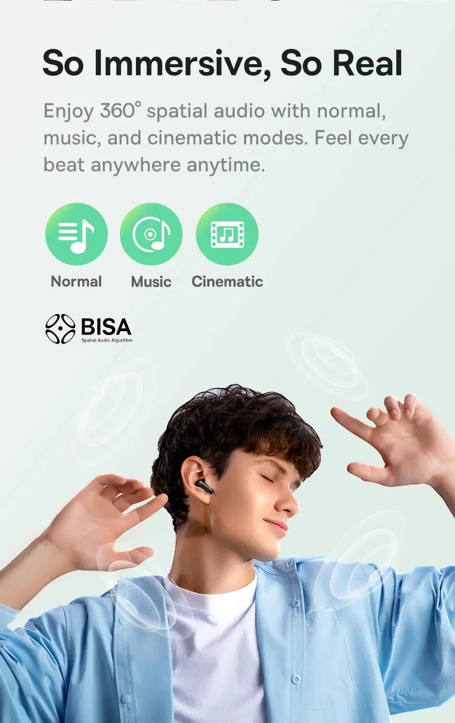 Baseus Bass EP10 BP1 NC true wireless earbuds with ANC, black in-ear earbuds worn by a person