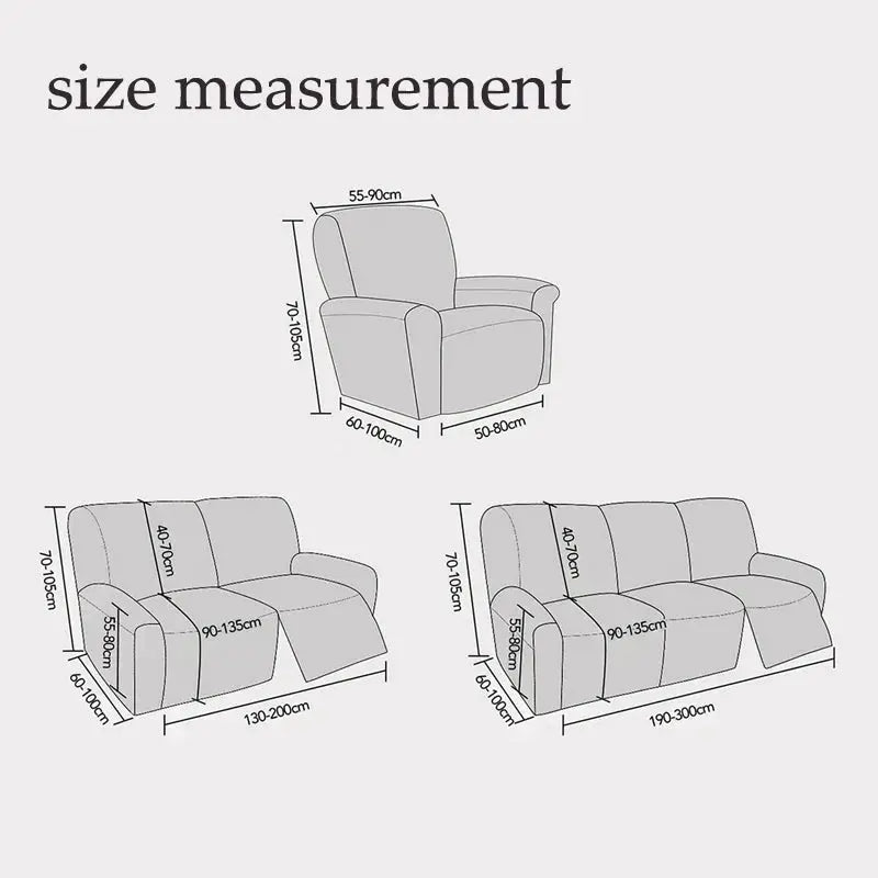 Sofa cover size guide for 1/2/3 seater and recliner in waterproof PU fabric.