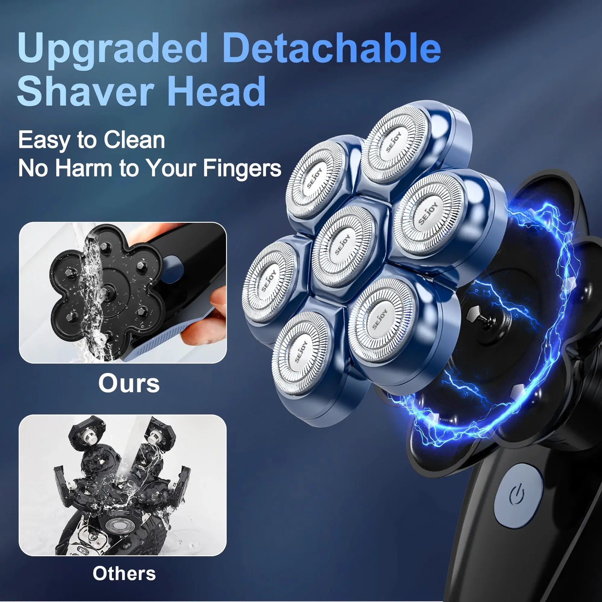 Sejoy 6-in-1 7D head shaver, blue waterproof electric razor with detachable heads