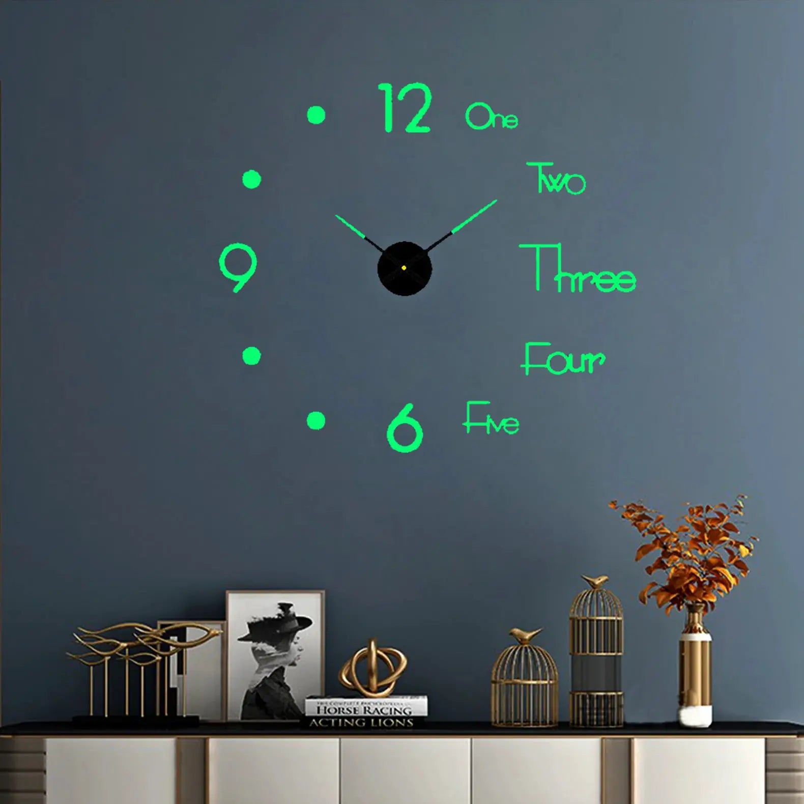 Large wall clock by Simples Market with neon-green acrylic mirror numbers and hands on a blue wall
