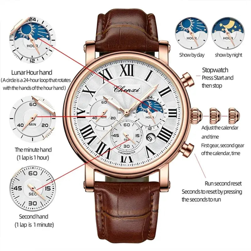 Chenxi 973 Moon Phase Date Analog Mens Wristwatch With Water Resistant Leather Strap And Imported Quartz Movement