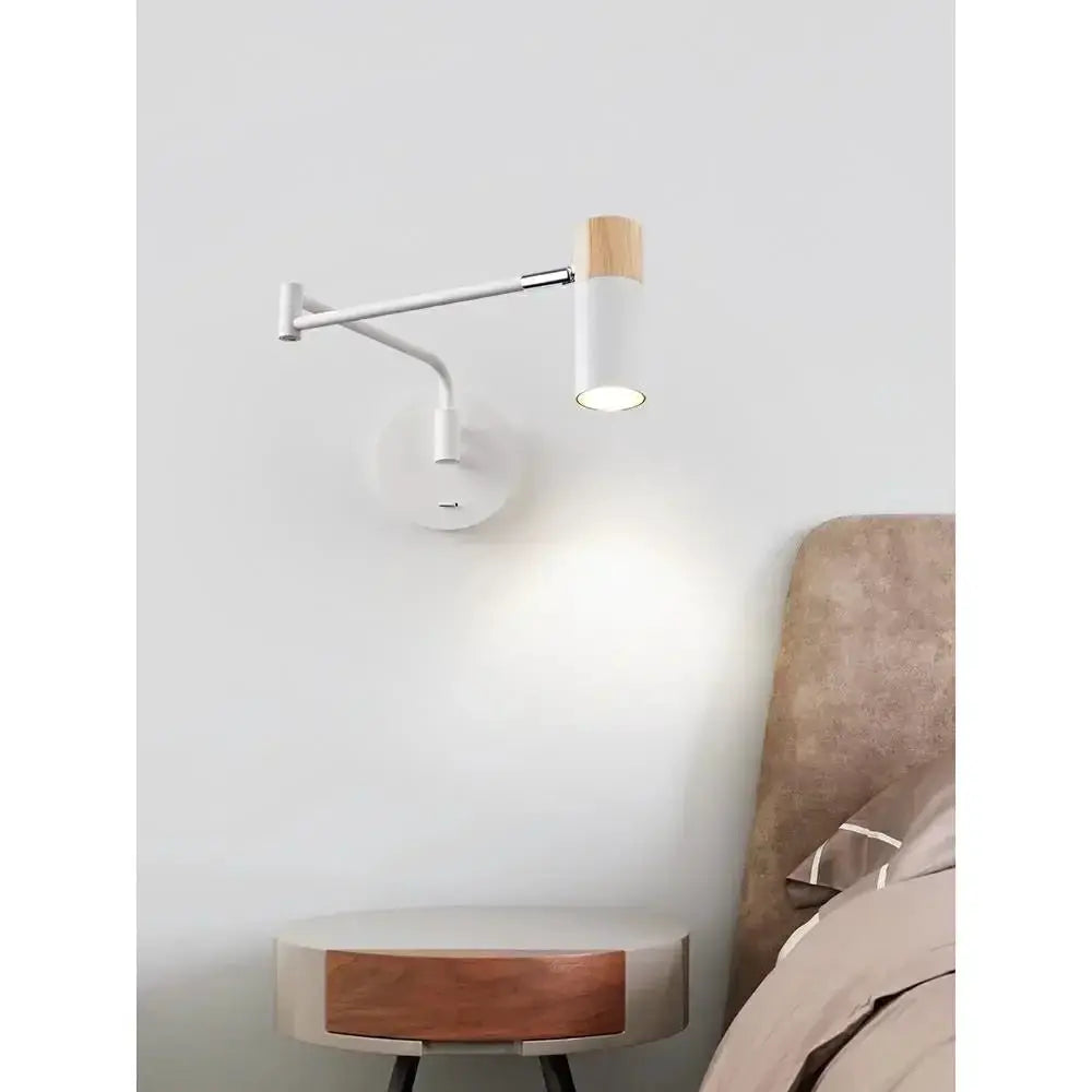 Simples Market bedside wall lamp with white telescopic arm and wood-accent cylinder shade