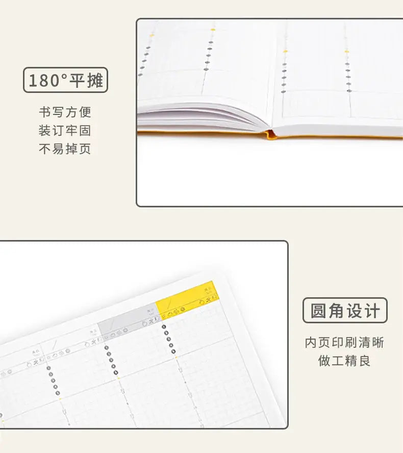 Kinbor weekly planner notebook, undated, white pages with grid schedule layout and rounded corners