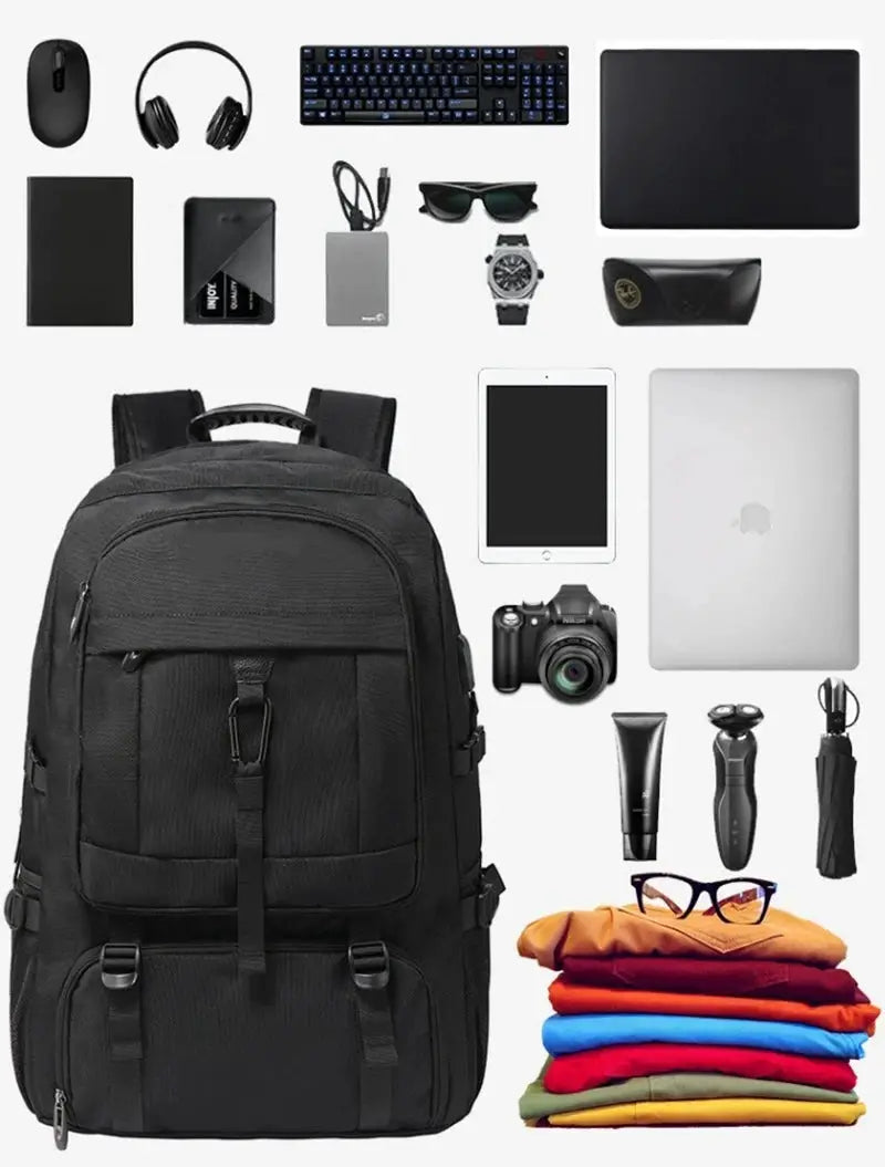Simples Market black travel backpack with shoe compartment; shown with laptop, tablet and camera gear