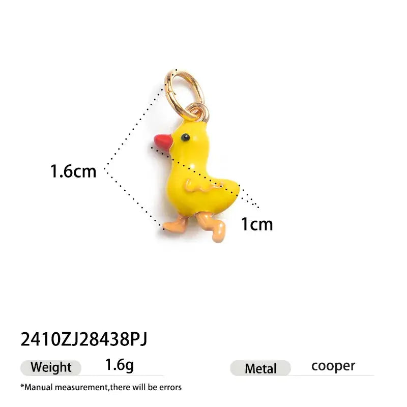 Yellow duck cartoon pendant on a single hoop earring with copper metal charm, lightweight