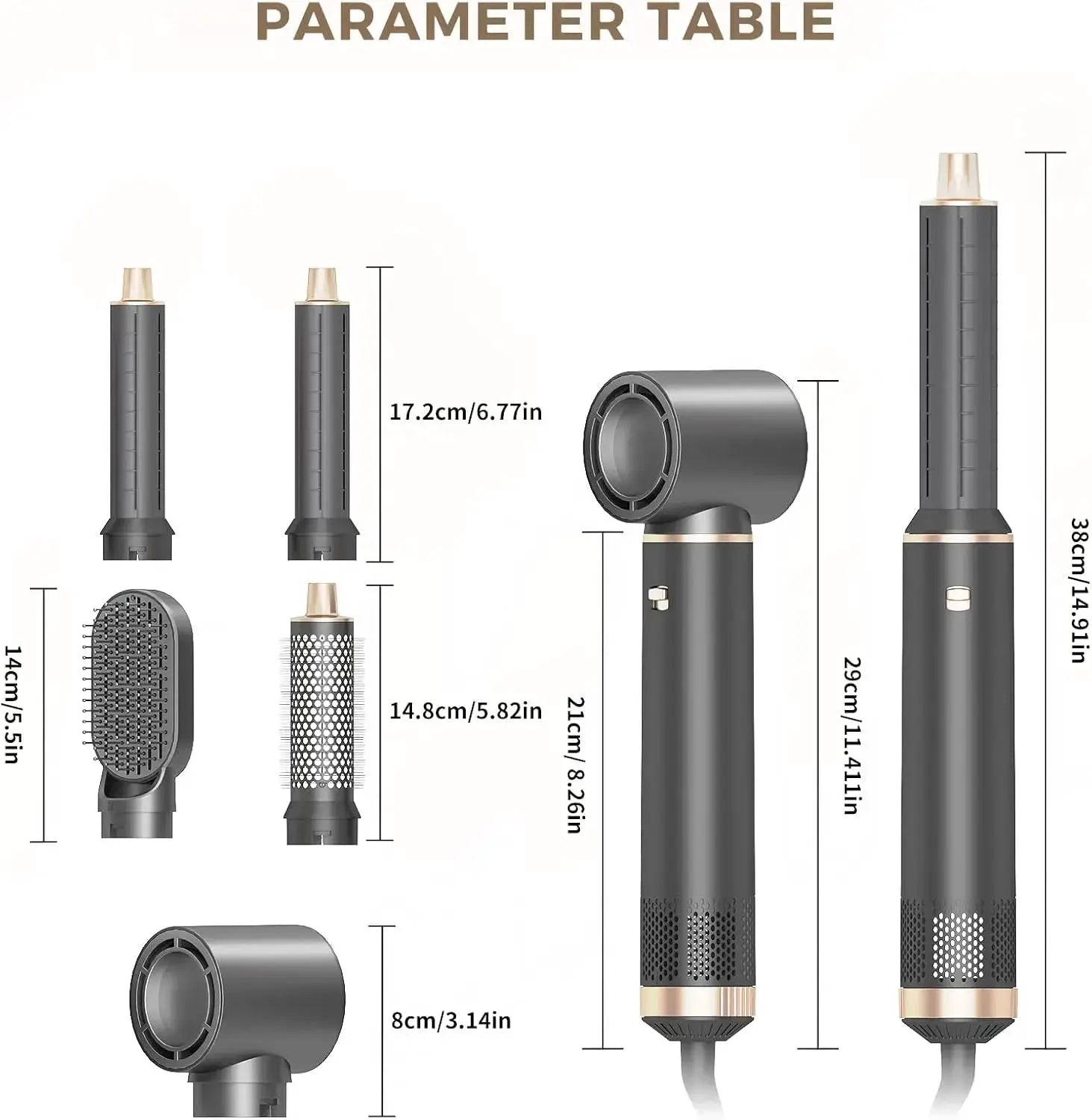 5-in-1 foldable hair dryer by Simples Market; grey with rose-gold accents and multiple attachments.