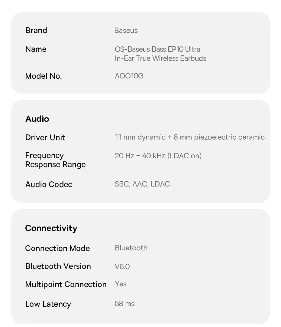 Baseus Bass EP10 Ultra wireless earphones by Simples Market; Bluetooth 6.0, 58 ms low latency