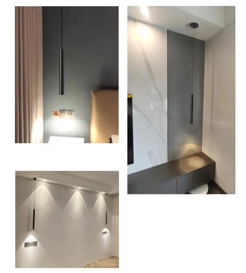 Minimalist bedside pendant lamp by Simples Market; black cylindrical hanging light in bedroom with sleek metal finish.