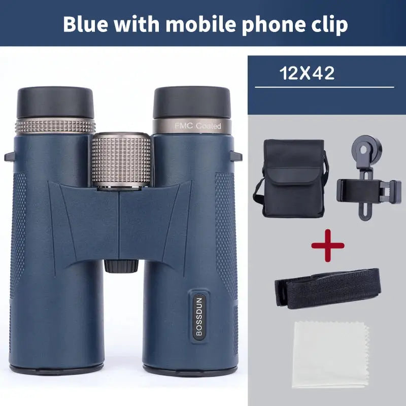 Blue BOSSDUN binoculars 12x42 with case, clip, strap and cleaning cloth