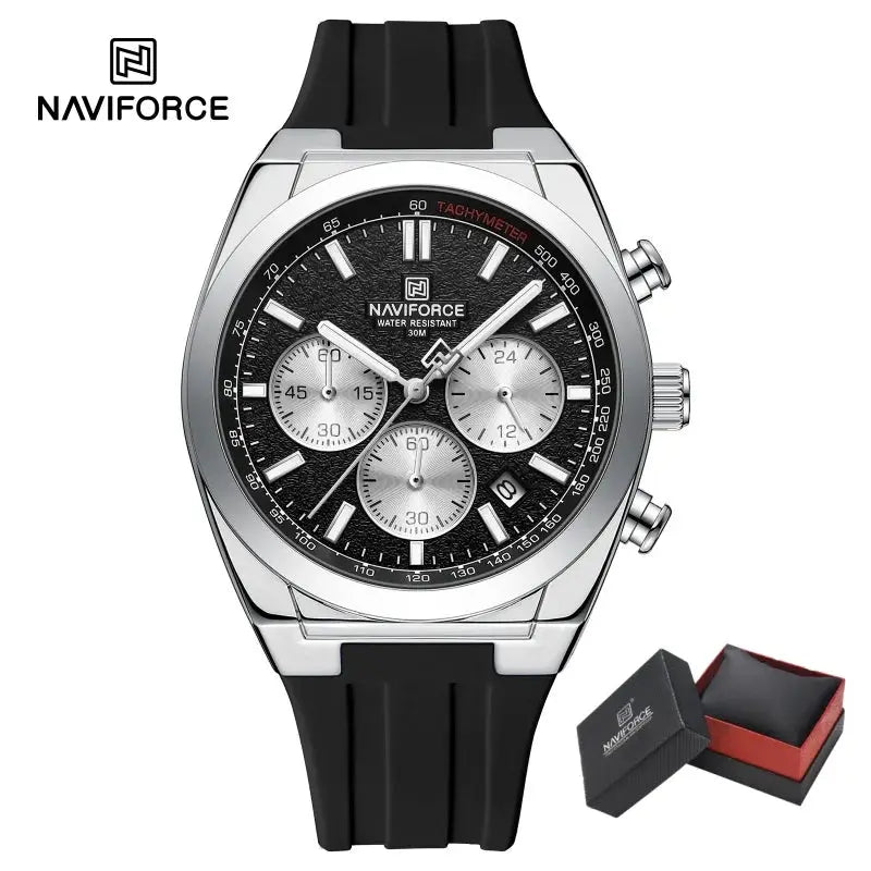 Naviforce men's chronograph watch with luminous hands, black dial, silver case, silicone strap, 30m water resistant
