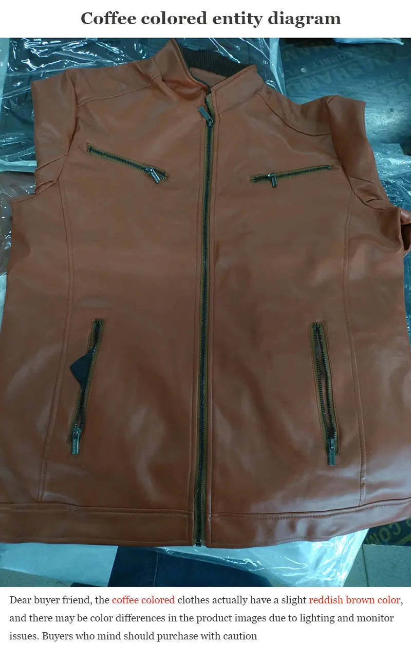Simples Market brown PU leather motorcycle vest with front zipper and chest/side zip pockets